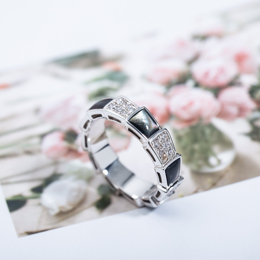 Bvlgari Serpenti Ring Silver Cubic Zirconia Black MOP 4MM