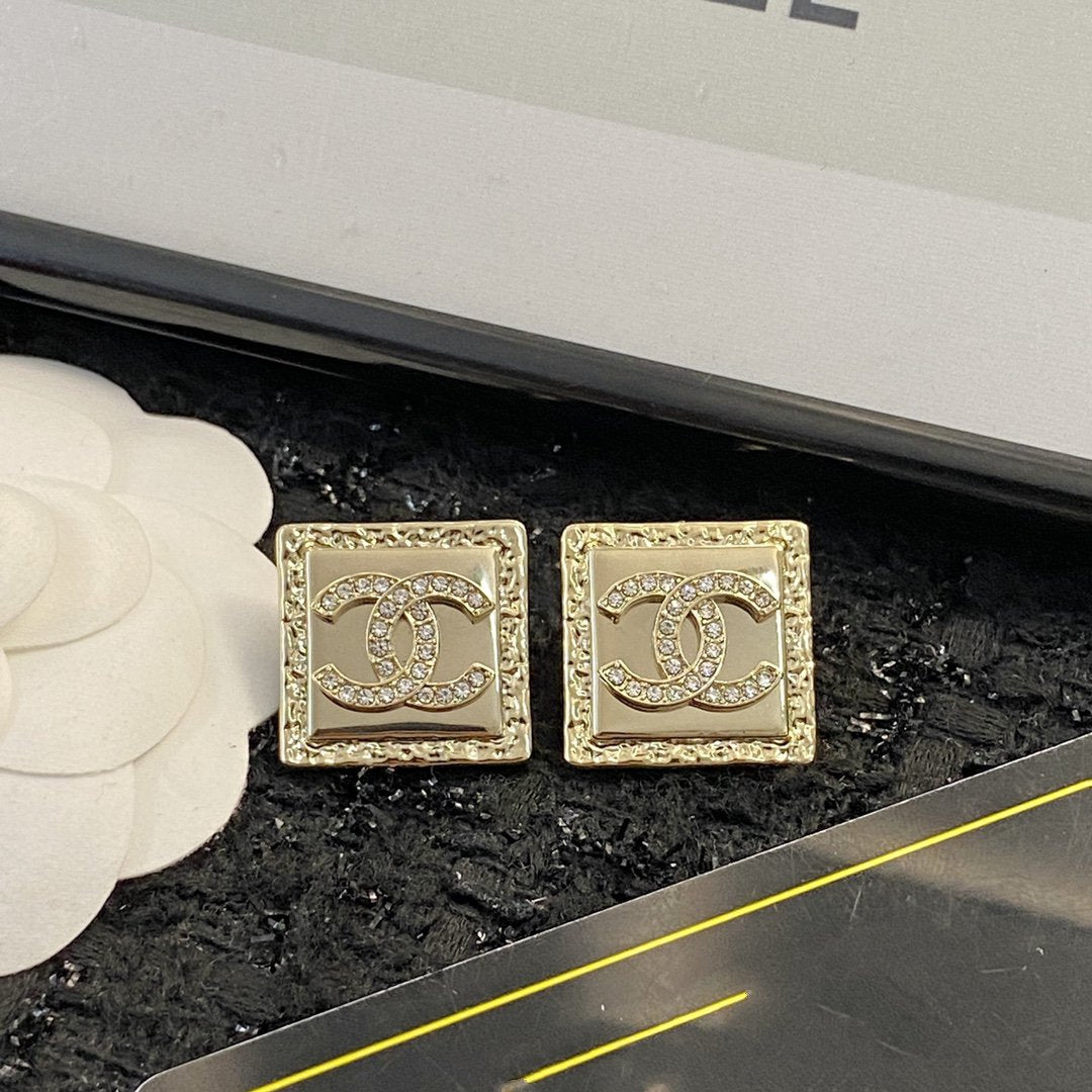 Chanel Diamond Pink Gold Square Stud Earrings