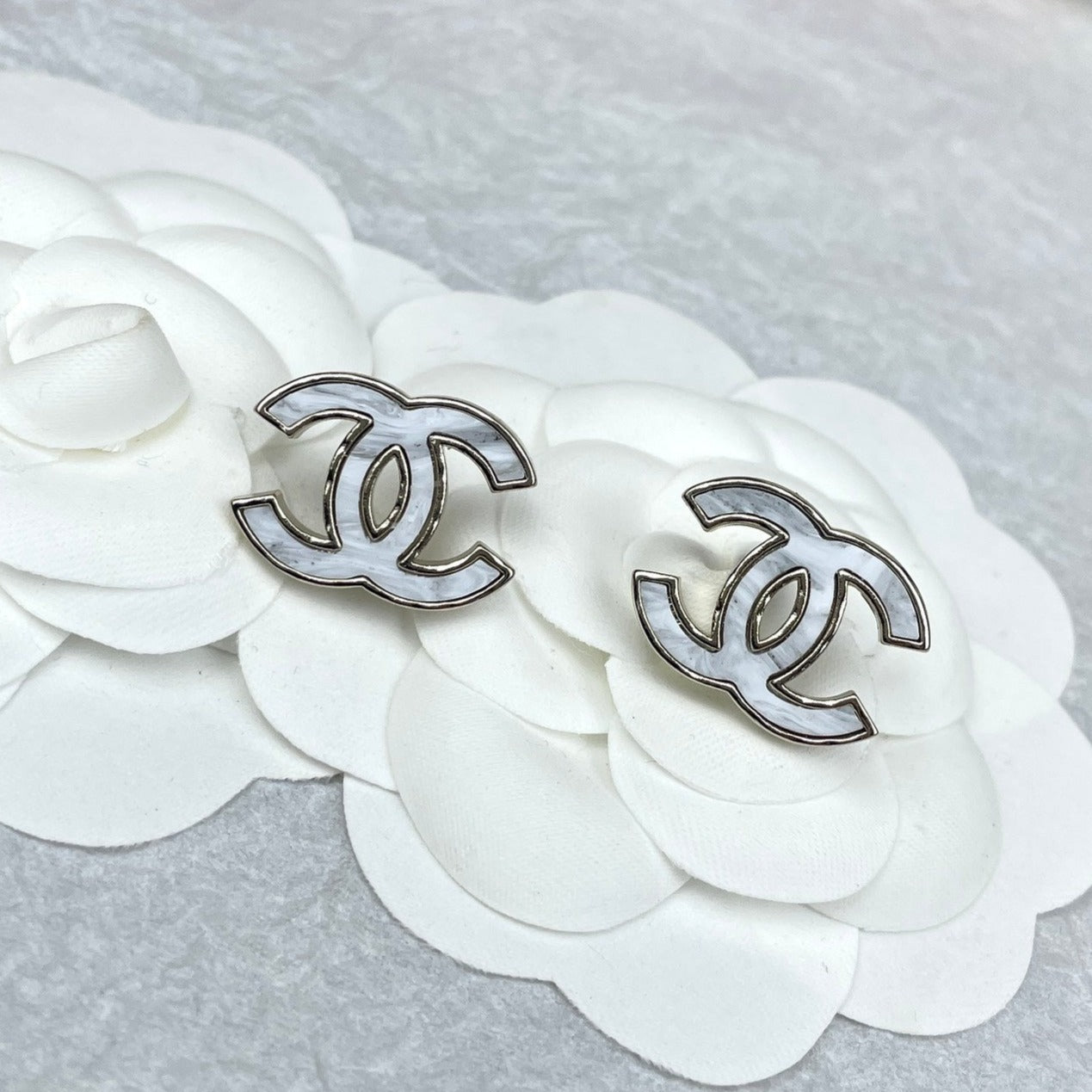 Chanel Silver Marble Earrings