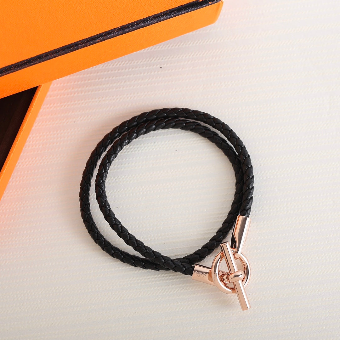 Hermes Glenan Double Tour Pink Gold Leather Bracelet