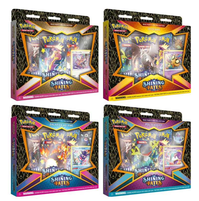 Pokémon TCG Sword & Shield Shining Fates Mad Party Pin Collection 4X Lot Bunnelby/Dedenne/Galarian Mr. Rime/Polteageist