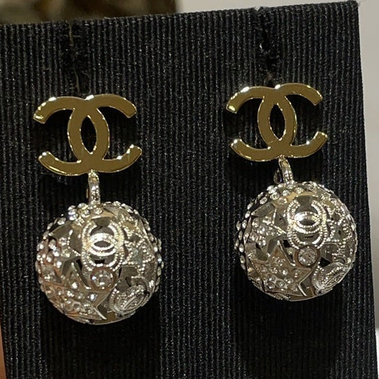 Chanel Gold Double C Silver Hollow Star Round Earrings