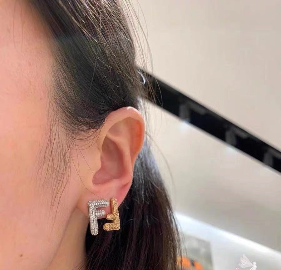 Fendi FF Earrings Small Silver&Gold Diamond