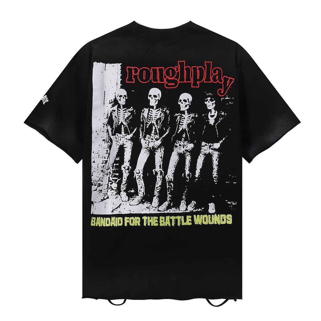 Rough Play Skeleton Rhinestone Distressed T-Shirt — back