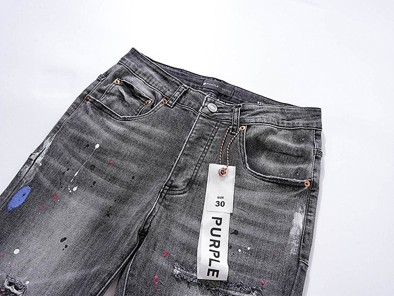 Purple Brand Gray Paint-Splatter Distressed Jeans — detail