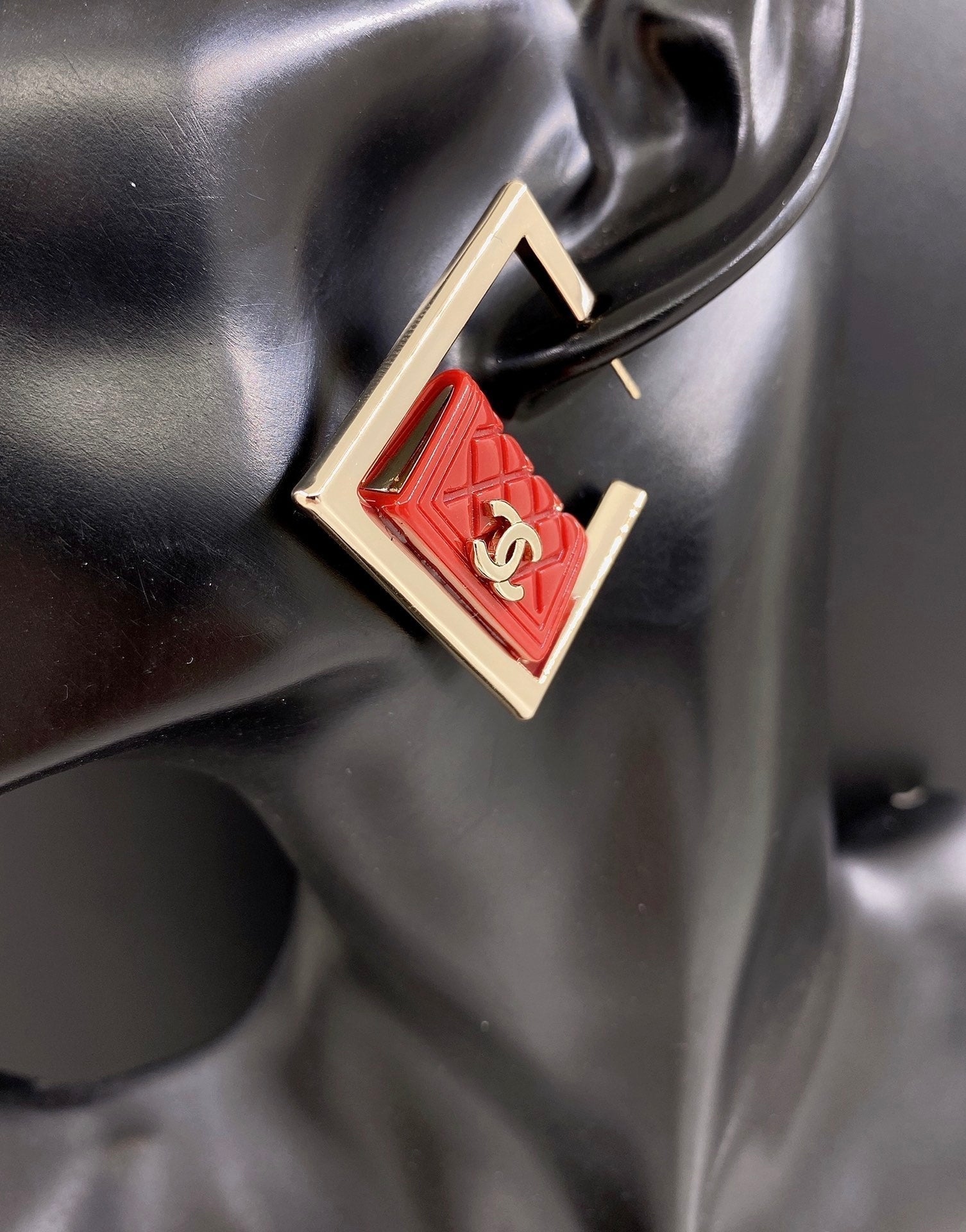 Red Bag Pendant 18K Gold Earrings