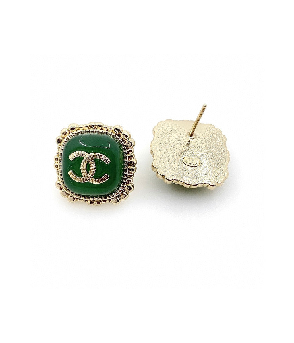 Chanel Green Square 18K Gold Earrings