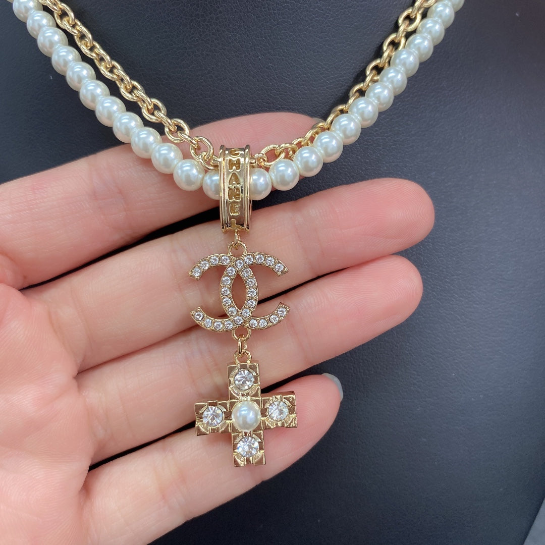 Chanel Cross Diamond Pearl Chain 18K Gold Necklace