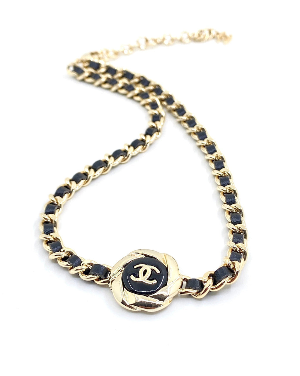 Chanel Rhinestone Leather Choker 18K Gold Necklace