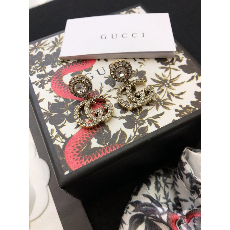 Gucci Double GucciCrystal Pendant 18K Gold Earrings