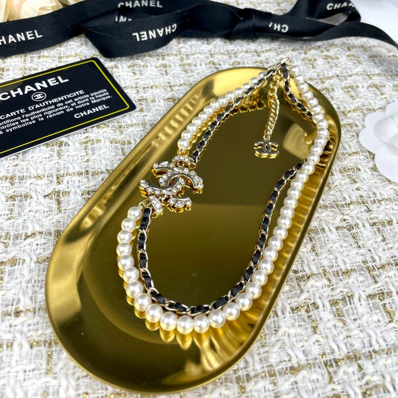 Chanel Pearl Chain Leather 18K Gold Necklace