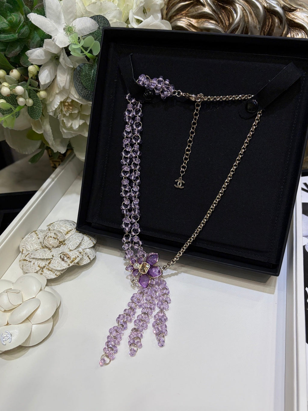 Chanel 2026 Double C Light Purple Beaded Asymmetrical Flower Necklace
