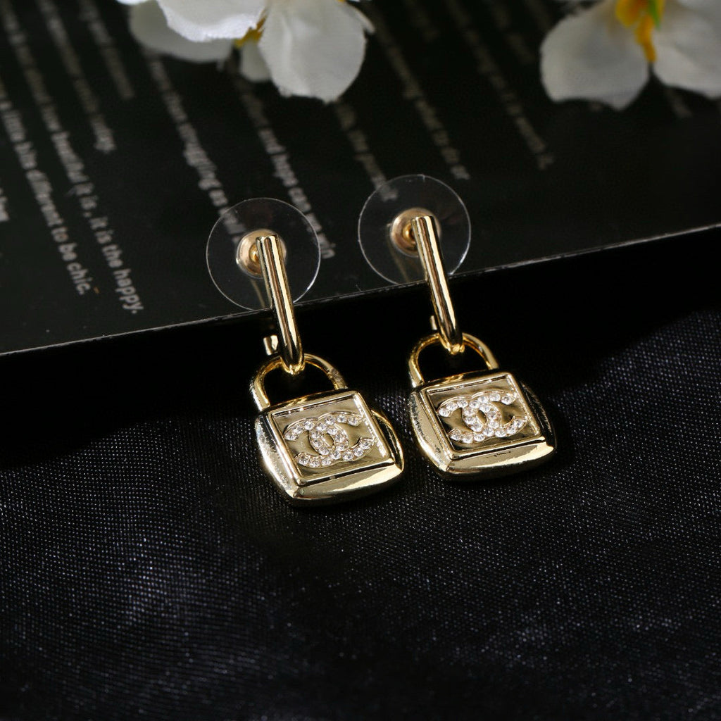 Chanel Lock Shaped Gold Diamond Earring