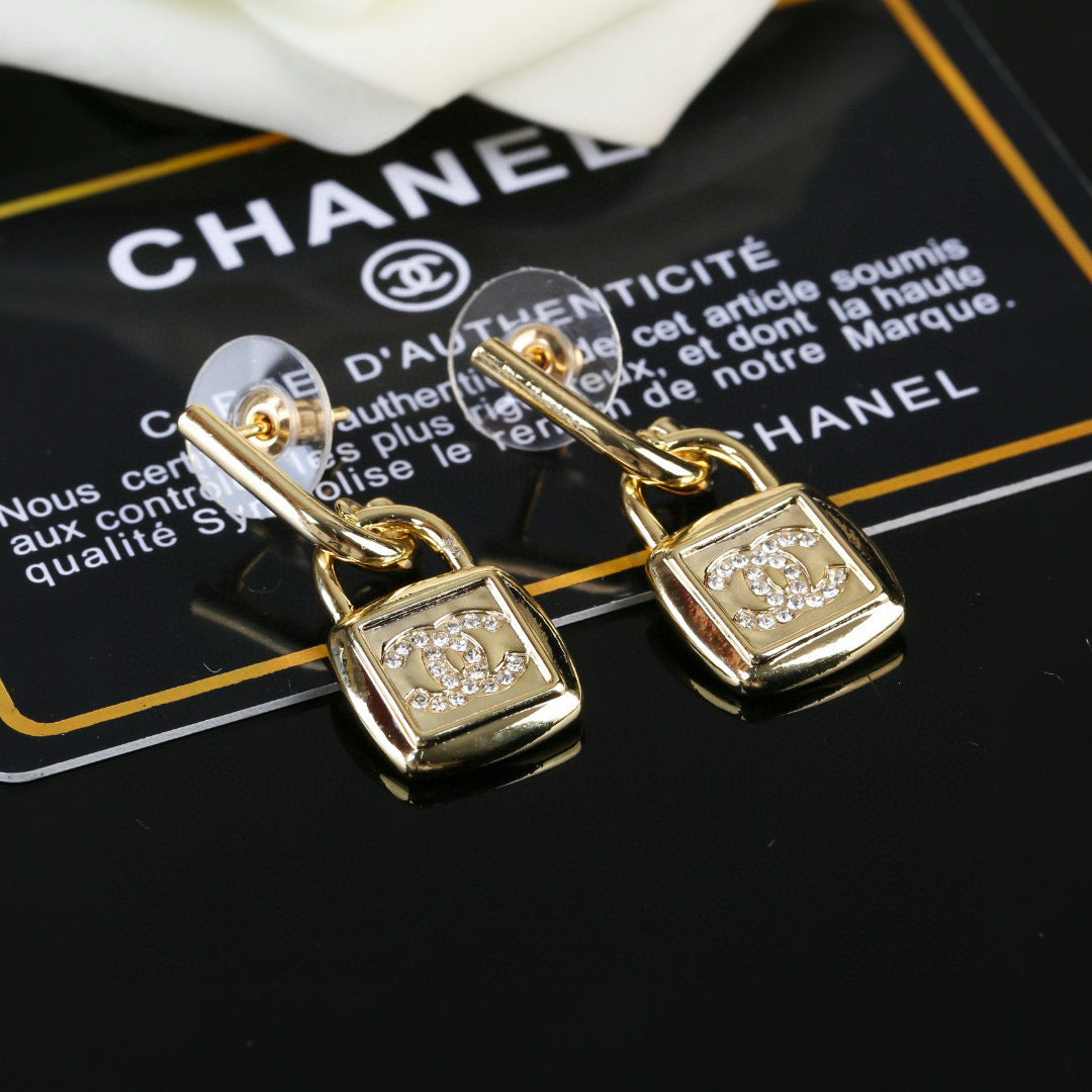 Chanel Lock Shaped Gold Diamond Earring