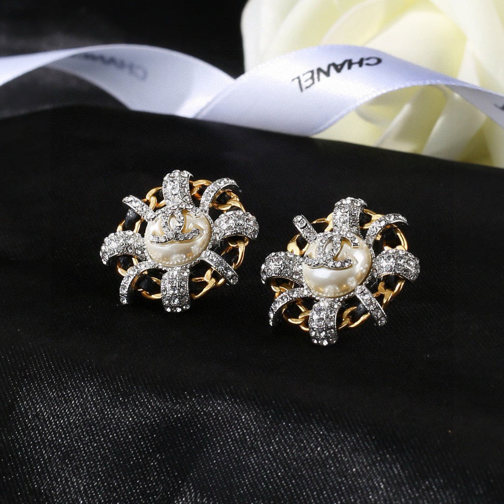 Chanel Mini Stud Silver Gold Black Diamond Earring