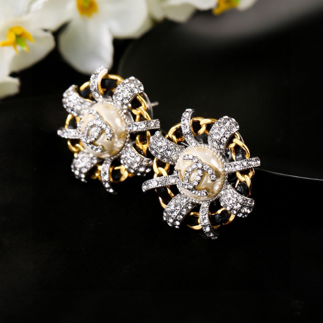 Chanel Mini Stud Silver Gold Black Diamond Earring