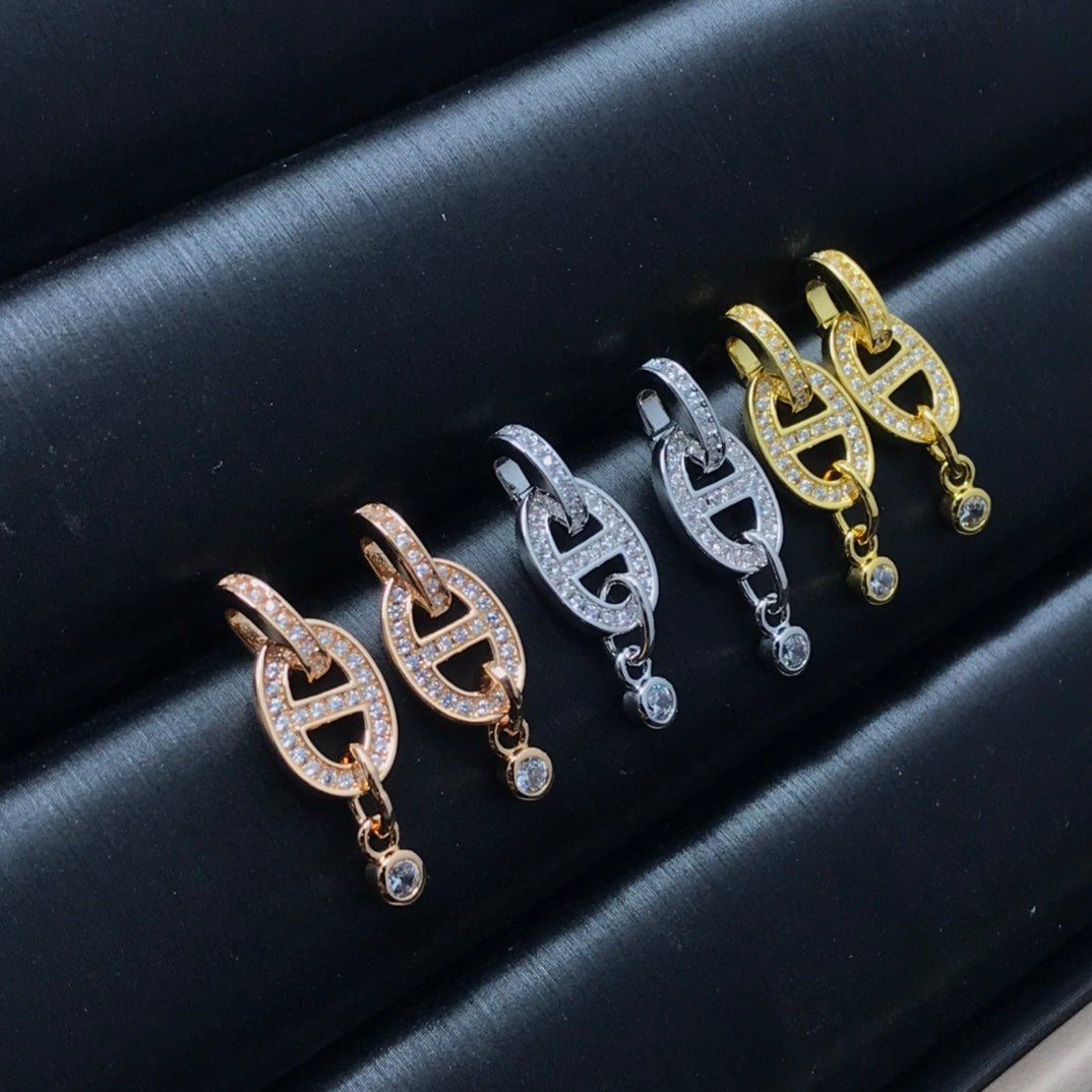 Hermes HM Pig Nose Full of Diamond Earrings