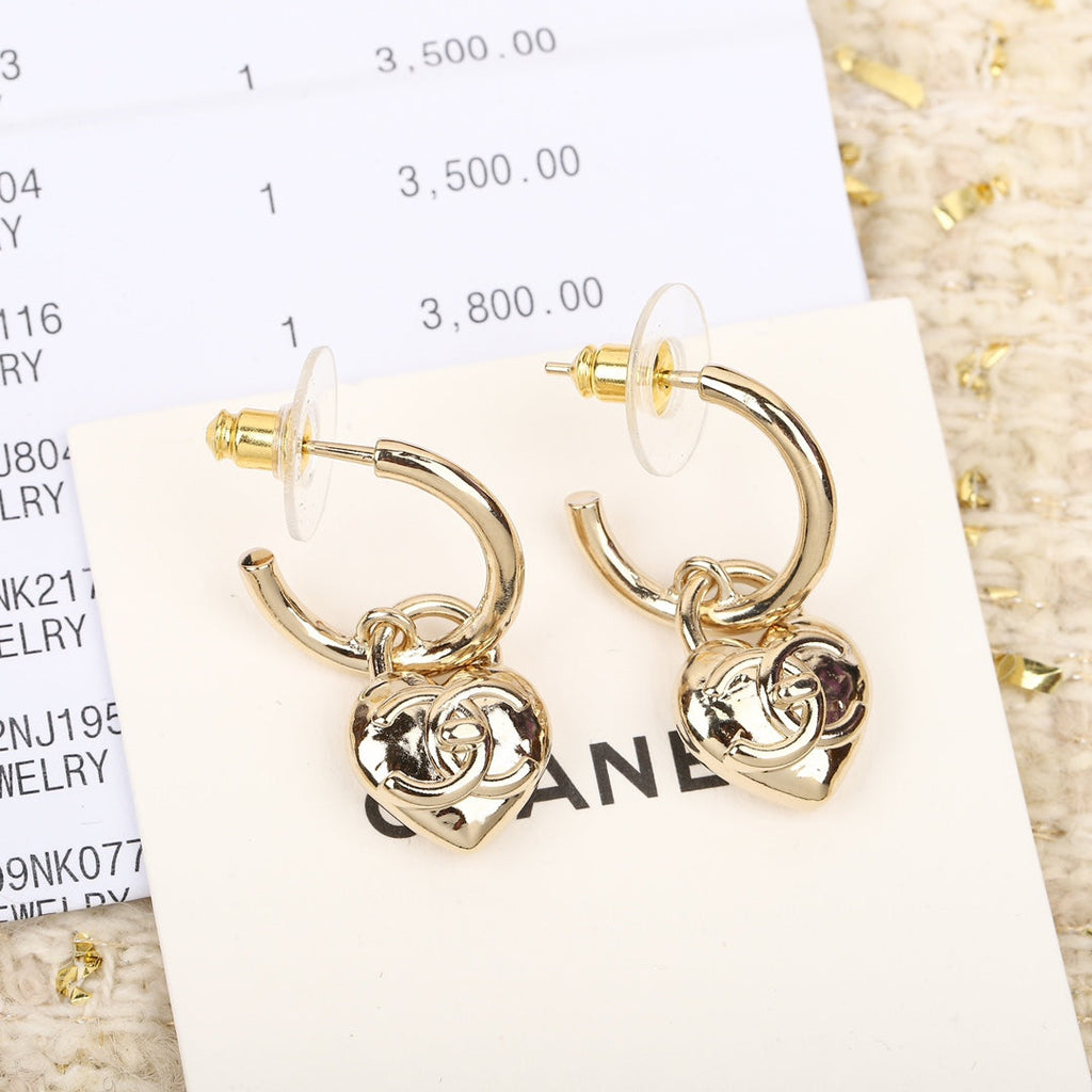 Chanel Double C Drop Heart Gold Earrings